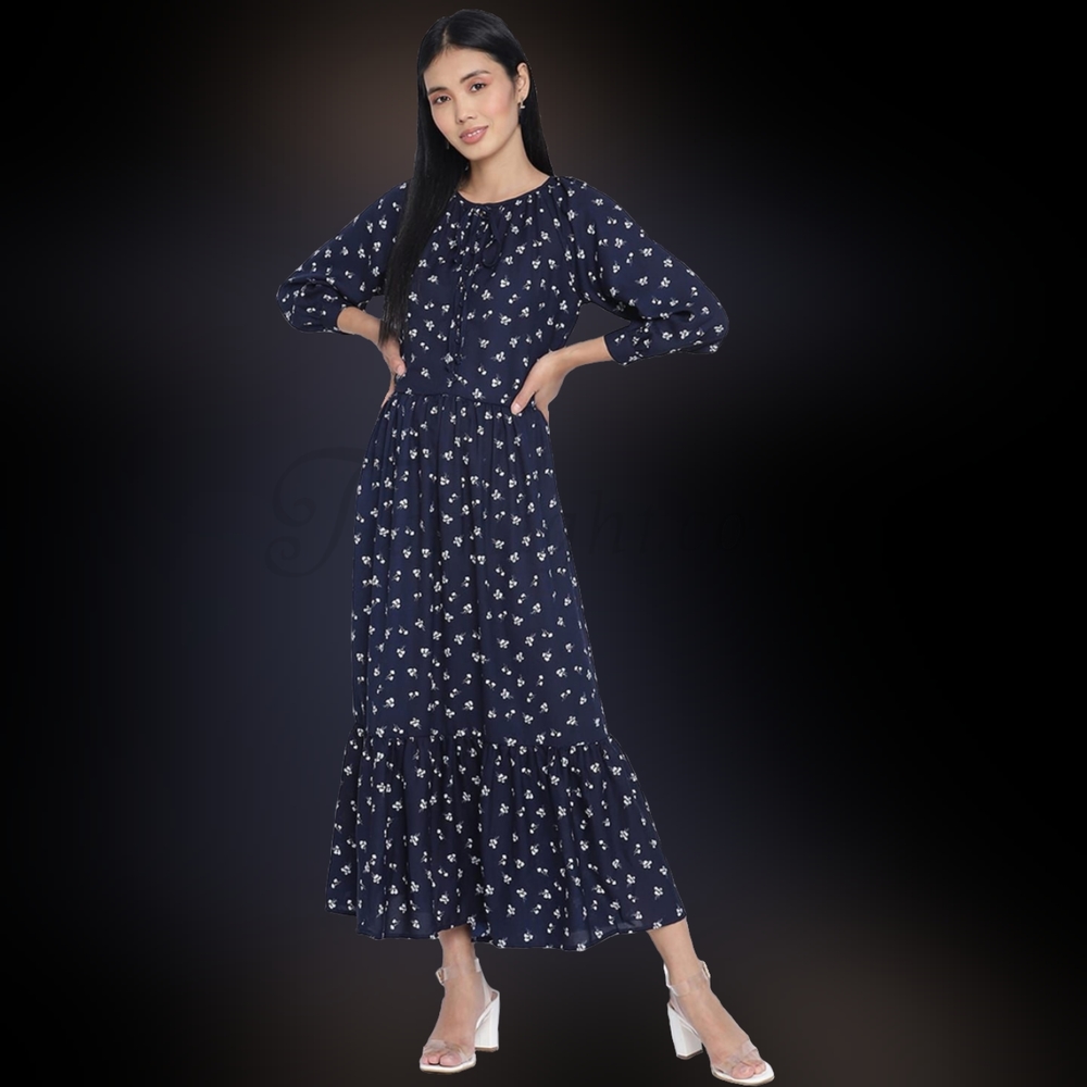 Winter Lily: Navy Blue Floral Maxi Dress